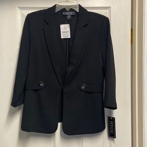 Black Blazer Jacket.  3/4 length sleeves. 97% polyester, 3% spandex.